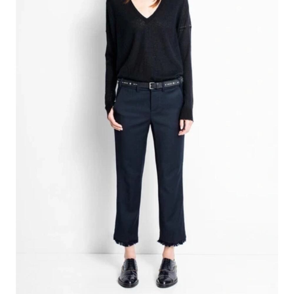 Zadig & Voltaire Posh Frange Navy Wool Blend Cropped Fringe Hem Pants 36 S